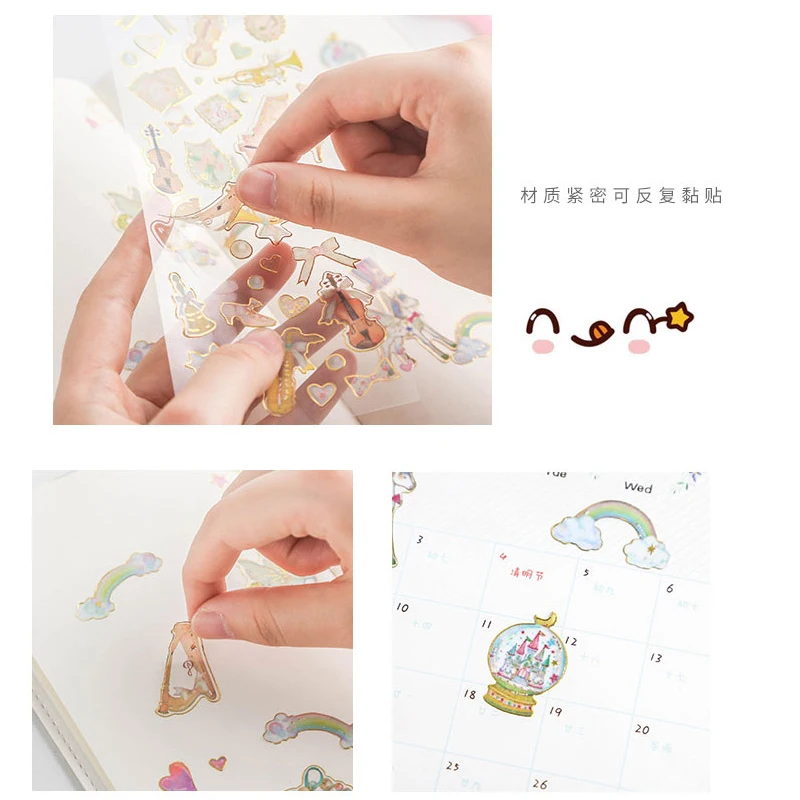 1sheet/pack Kawaii hot stamping transparent stickers scrapbooking Heart Cake Music Diy decoration sticker Gifts for Girls