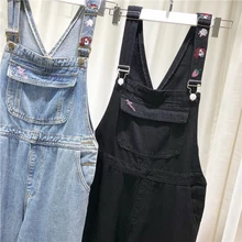 Харадзюку, джинсы с вышивкой клубники, женские прямые брюки, свободные, высокая талия, большой карман, джинсовый комбинезон, мультяшный комбинезон