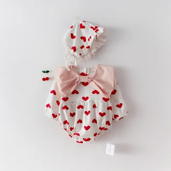 

Newbron Girls Bow Heart Print Romper With Hat Spring Summer Sweet Infant Kids Ins Hot Sell Pretty Clothing Wholesale