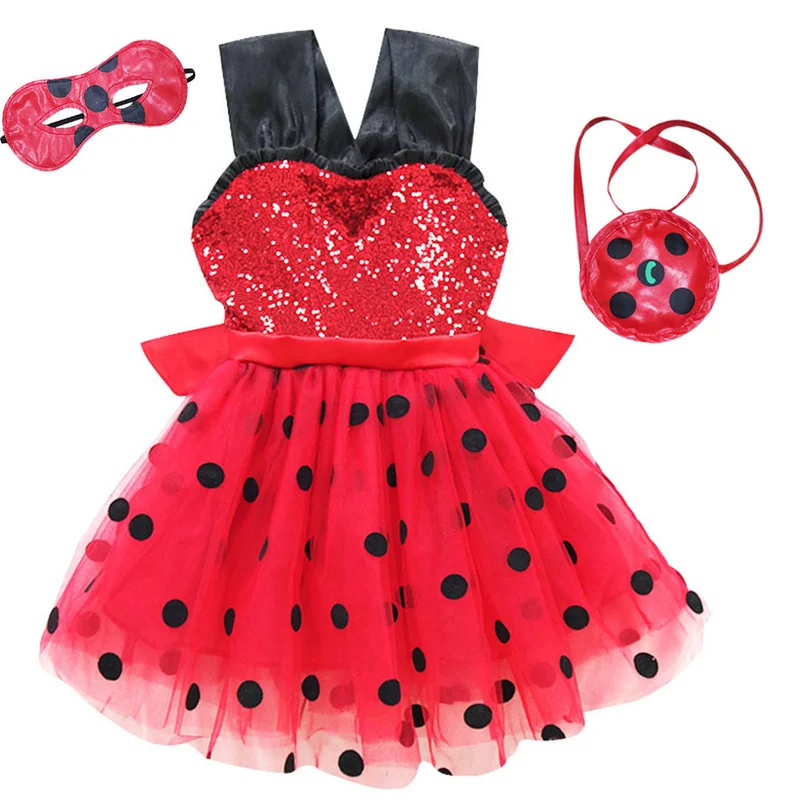 

Fancy Kids Halloween Lady Bug Costume Dress Girls Ladybug Costume Baby Girl Birthday Party Girls Ladybug Dress with Patch Bag