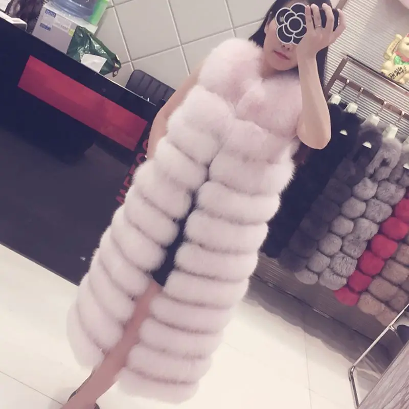 Women's New Winter Faux Fur Vest Fashion Hooded Imitation Fox Fur Vest Female Slim Fit Long Section Sleeveless Waistcoats D532 - Цвет: Pink