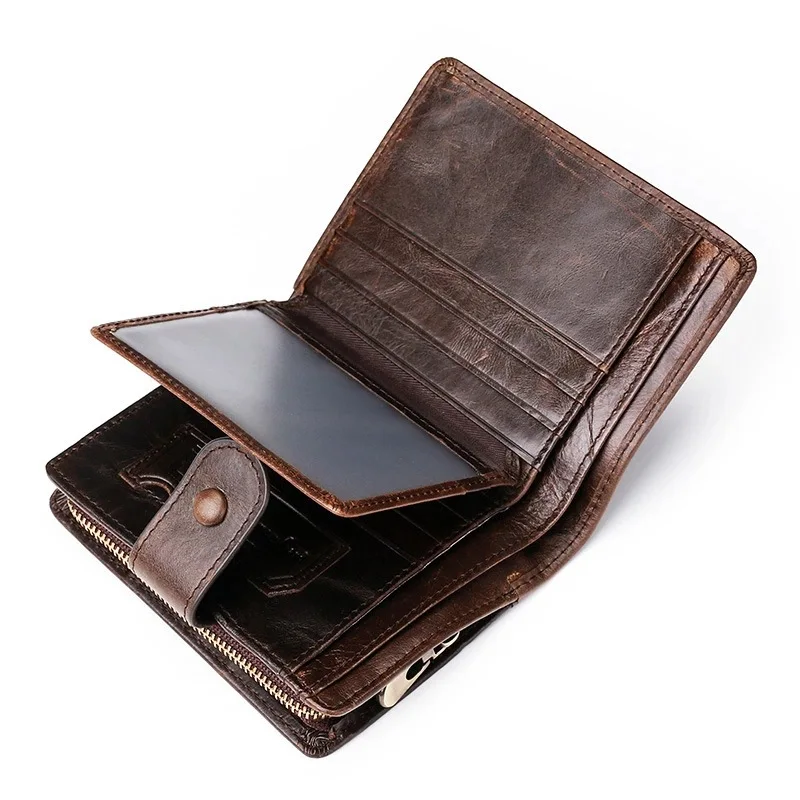

Male Short Zipper Style Top Upper Grain Real Leather Card Holder Cow Head Hide Men 's Wallets