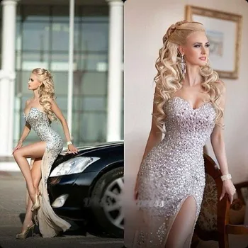 

sexy sweetheart 2018 Full luxury Crystals Strapless Chiffon Vestidos long Plus Size Prom Women with Slit bridesmaid dress