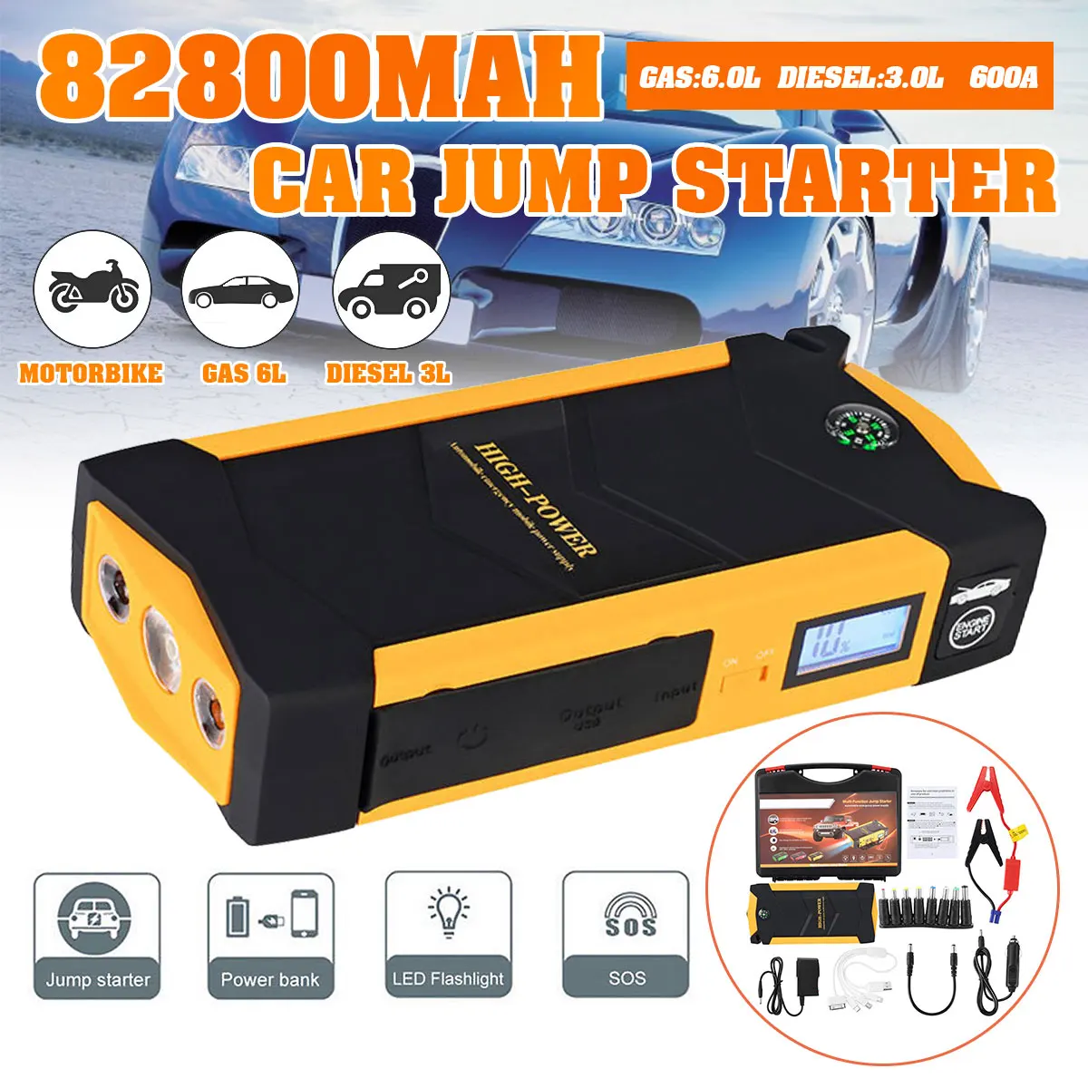 82800mAh Car Jump Starter Power Bank 600A Portable Car Battery Booster Charger 12V Starting Device