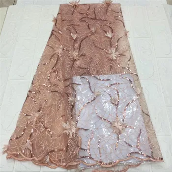 

New style French net lace fabric 3D flower African tulle mesh sequins lace fabric high quality lace nigerian lace fabric pink