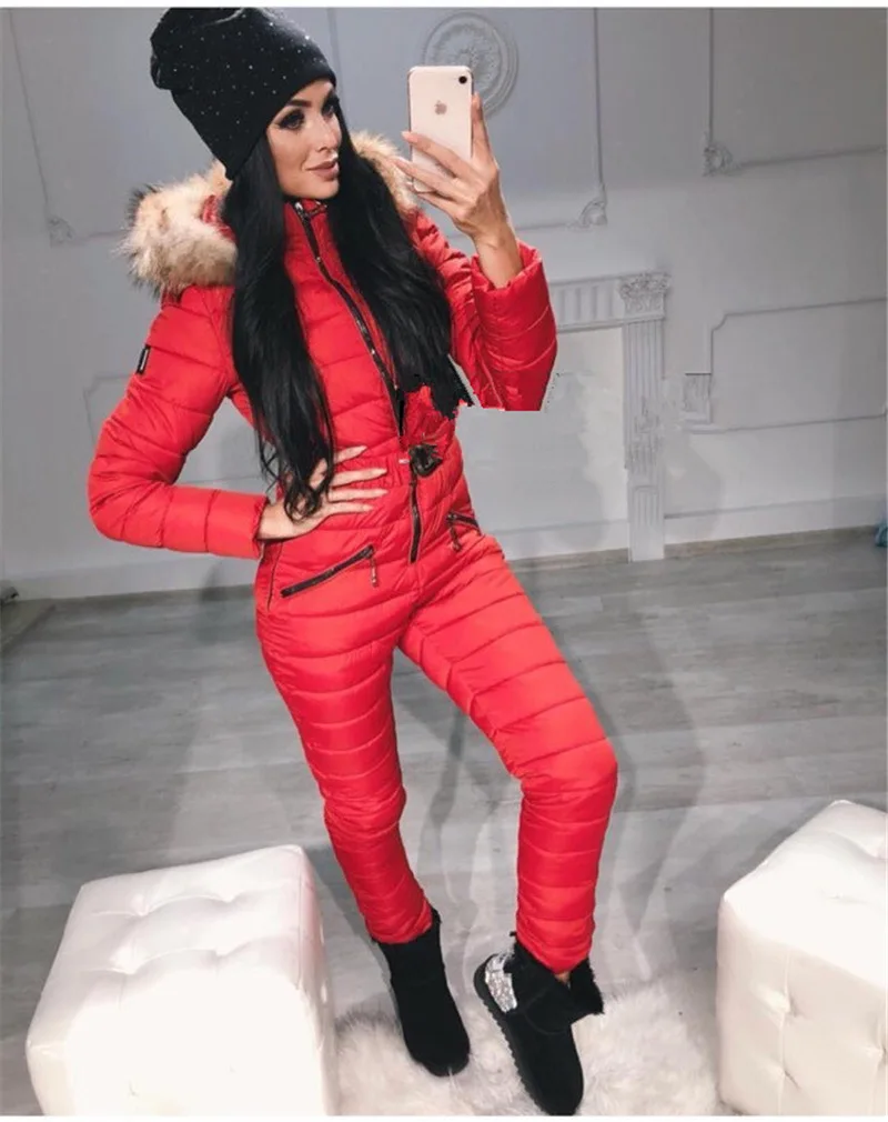 

2018 Autumn And Winter New Style Fashion Belt One-piece Ski Suit Women's Large Fur Collar Warm One-piece Cotton Coat