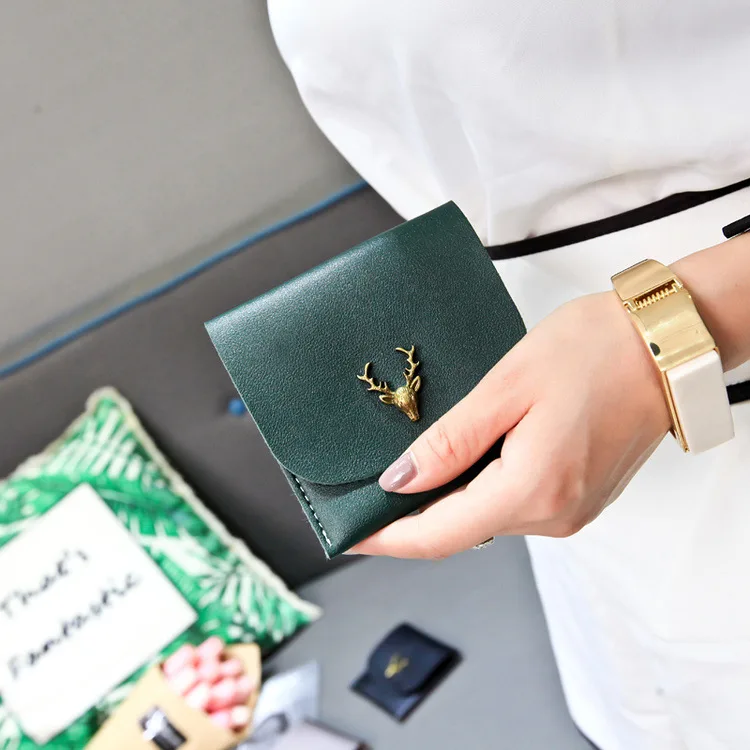 

Retro Gift xiao qian jia Short Women's Rivet Deer Head Purse Mini Small Card Holder Thin Two-fold Wallet