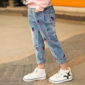 Girls autumn winter cherry printed denim pants kids jeans kids trousers for teenagers ripped jeans 3-12Years 1