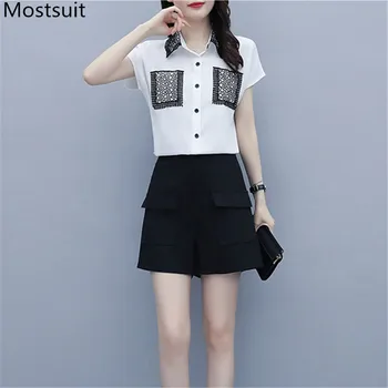 

2020 Summer Office Fashion Two Piece Shorts Sets Women Lace Spliced Shirt + Pockets Shorts Suits Plus Size Korean Female Sets