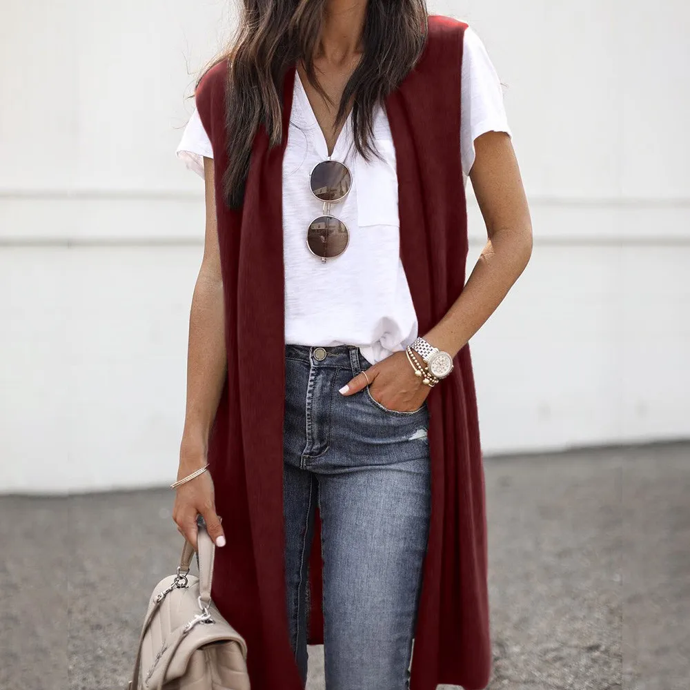 Stylish Bar Autumn Women Long Vest Sleeveless Jackets Kimono Cardigan Coat Open Front Pocket Causal Lightweight Chamarras Vests