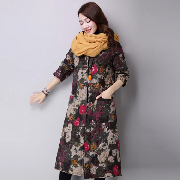 

Large Size Dress National Wind Long Cotton-padded Clothes Fat Mm2018 Autumn And Winter New Style Fashion Cotton Linen Coat Print