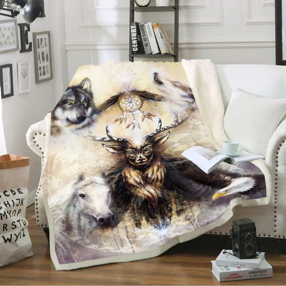 

Antelope Print Sherpa Fleece Blanket Wolf Horse Blanket Dreamcatcher Coral Sofa Blanket Warm Bedding Boy Home Portable Blanket