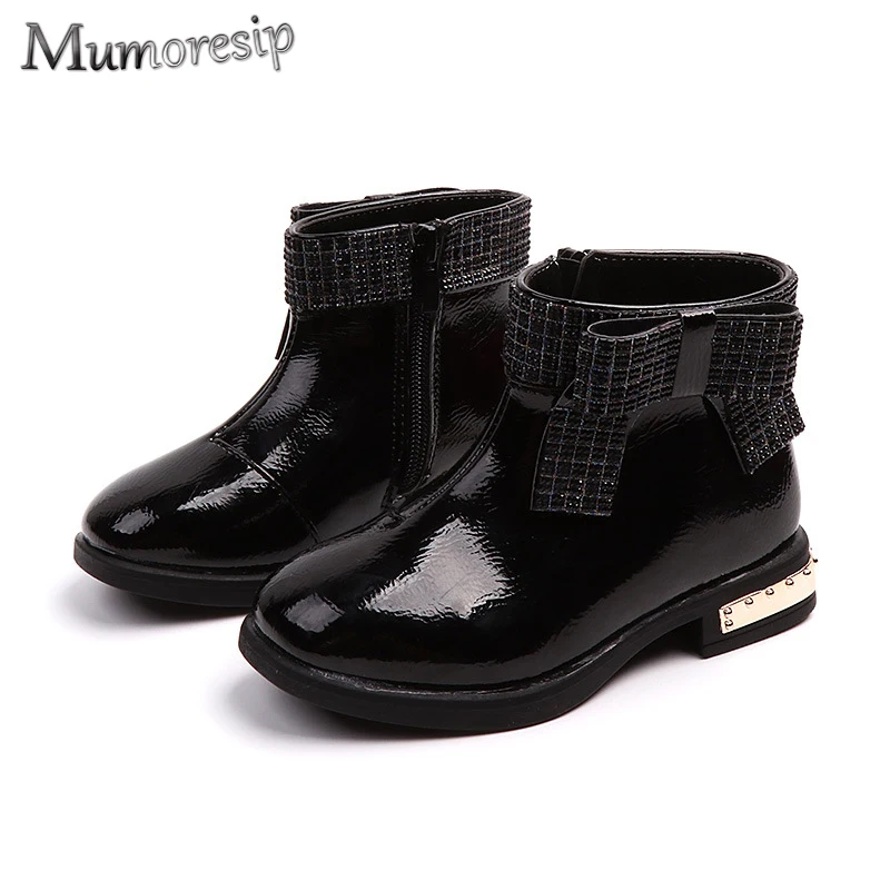 

Princess Girls Boots Ankle Boots With Butterfly-knot Kids Bowtie Boots Children's Warm Boots PU Patent Leather Crystal Fashion