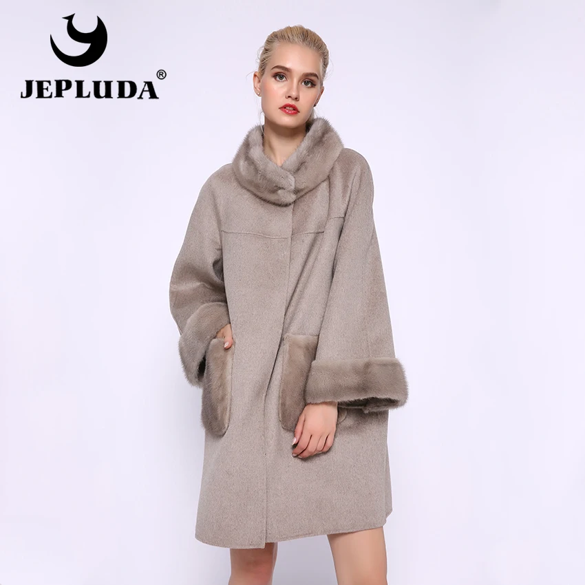 JEPLUDA шерстяное пальто женское кашемир норковые воротник манжет карман Plus Size пальто женское кашемировое с мехом норки весна-осень женская куртка из натурального меха норка большой размер женская пиджак