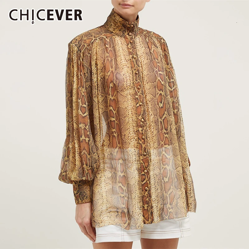 

CHICEVER Bohemian Leopard Women's Shirt Stand Collar Lantern Sleeve Large Size Perspective Female Shirts 2019 Autumn Fashion New
