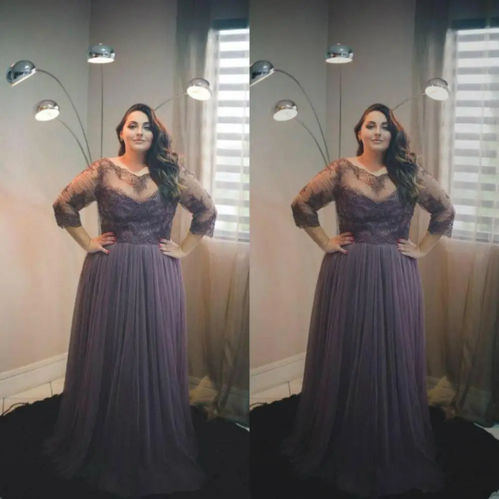 

Lace Appliqued Mother of the Bride Dresses Plus Size Evening Dresses sleeves Sheer Lace Appliques Prom Gowns Vestidos Festa