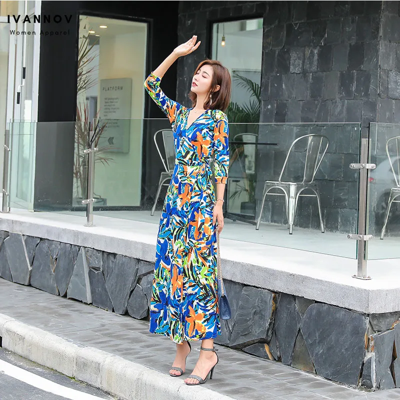 

Women Wrap Dresses Bohemian Beach Three-qaurter Sleeve Floral Ankle-length Split Lace-up Slim Waist Vintage Elegant Ladies Dress