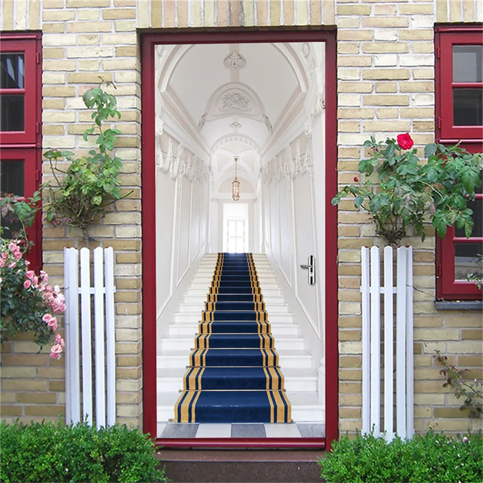 Luxury Staircase Door Wallpaper Vinyl Adhesive Waterproof Wall Sticker Room Decoration 3D View Number Mural Posters deurstickers | Дом и сад