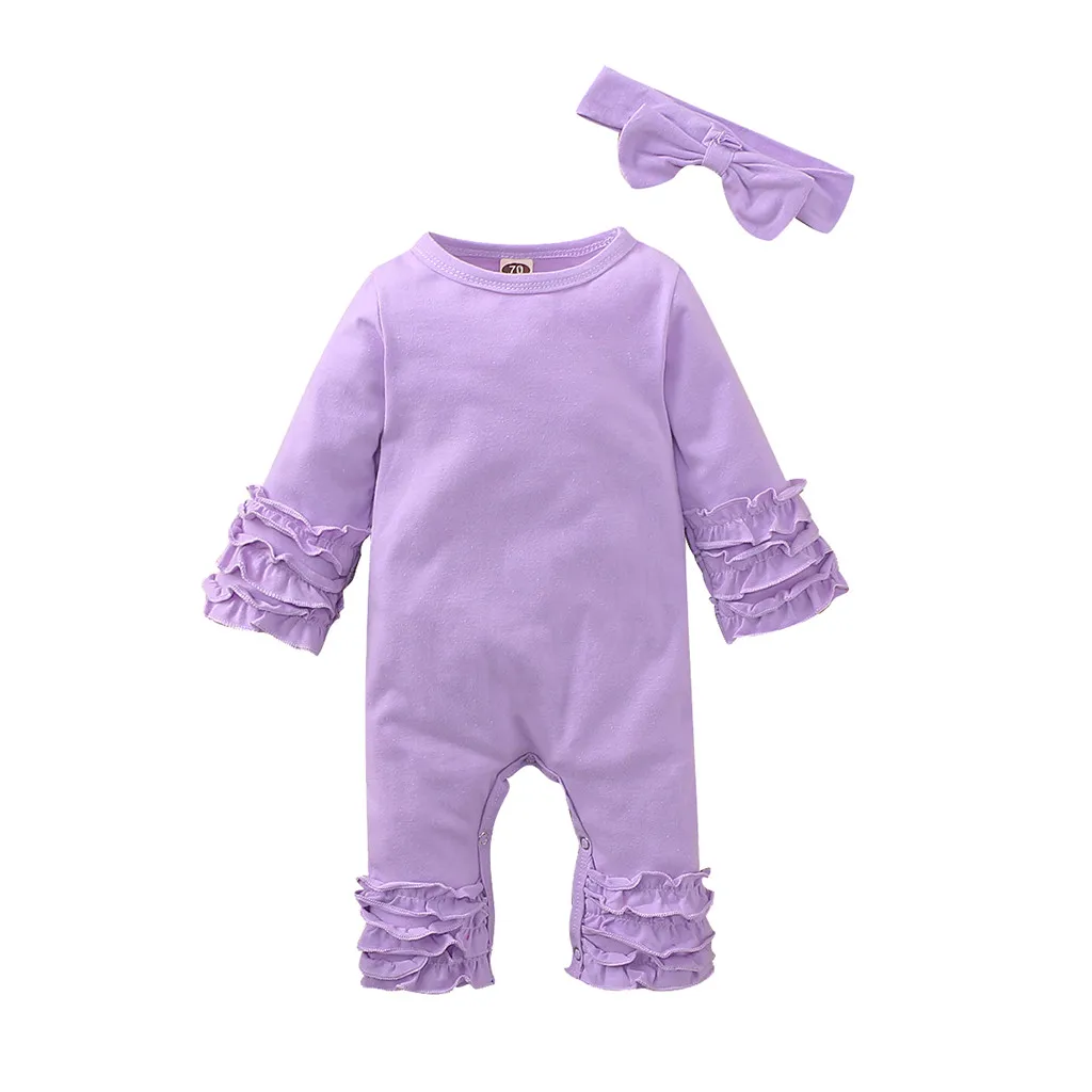 Purple Одежда arloneet; Рождественский Комбинезон для маленьких девочек и мальчиков; боди+ повязка на голову; комплект одежды для малышей; Однотонный комбинезон с длинными рукавами и оборками; комбинезон - Цвет: Purple