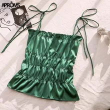 Aproms, элегантные женские топы на шнуровке, одноцветные, женские летние стильные уличные топы с рюшами, Клубные, вечерние, атласные топы на бретелях