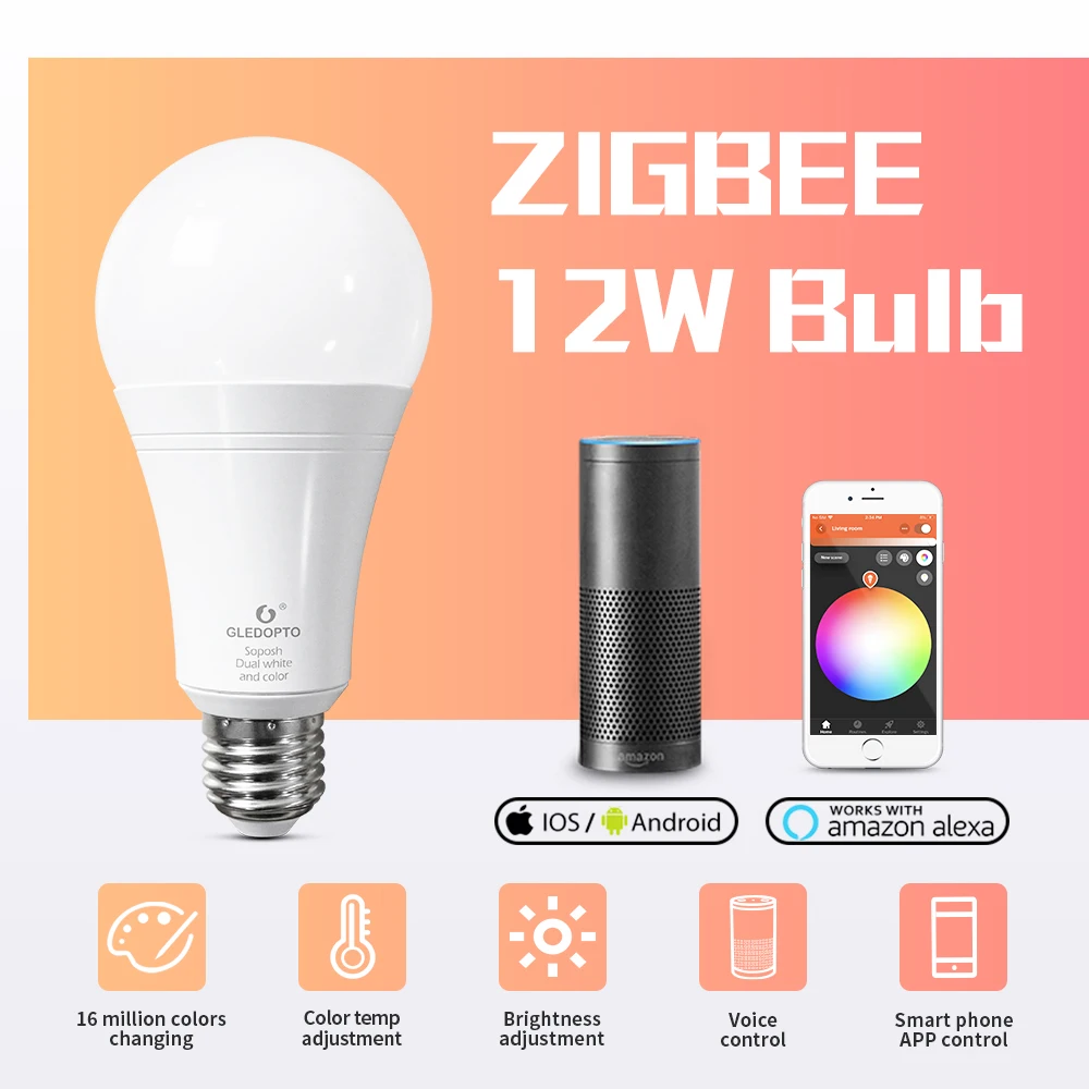 G светодиодный OPTO ZIGBEE ZLL 12W Смарт-лампы Красочный светильник AC100-240V RGBCCT 2700-6500K лампы