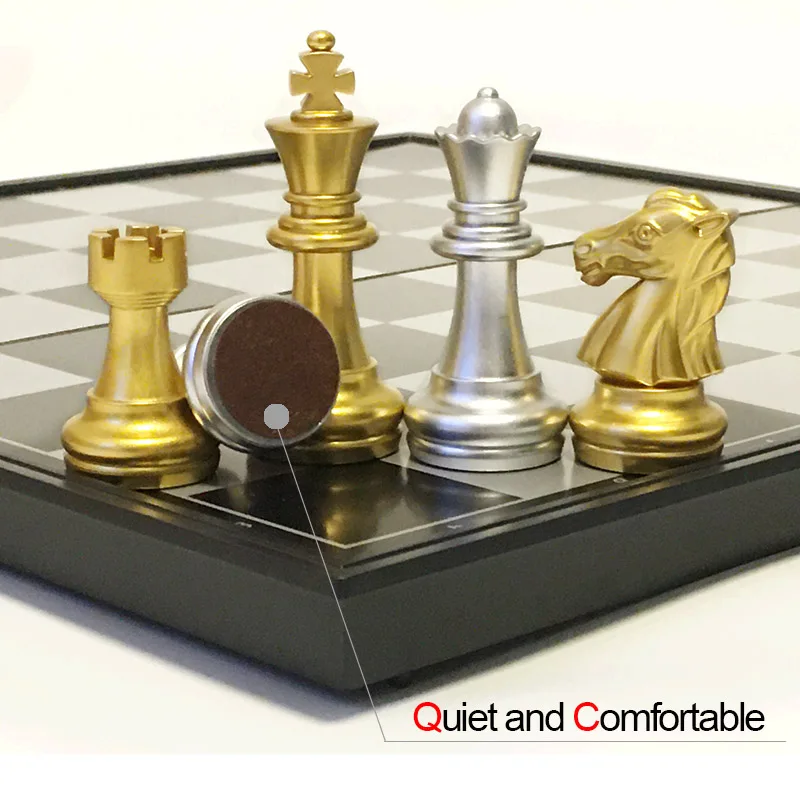 Wooden Chess Table Game with Silver Golden Chess Pieces Plastic Travel Set 25/32/36 CM Folding Chessboard Children Gift