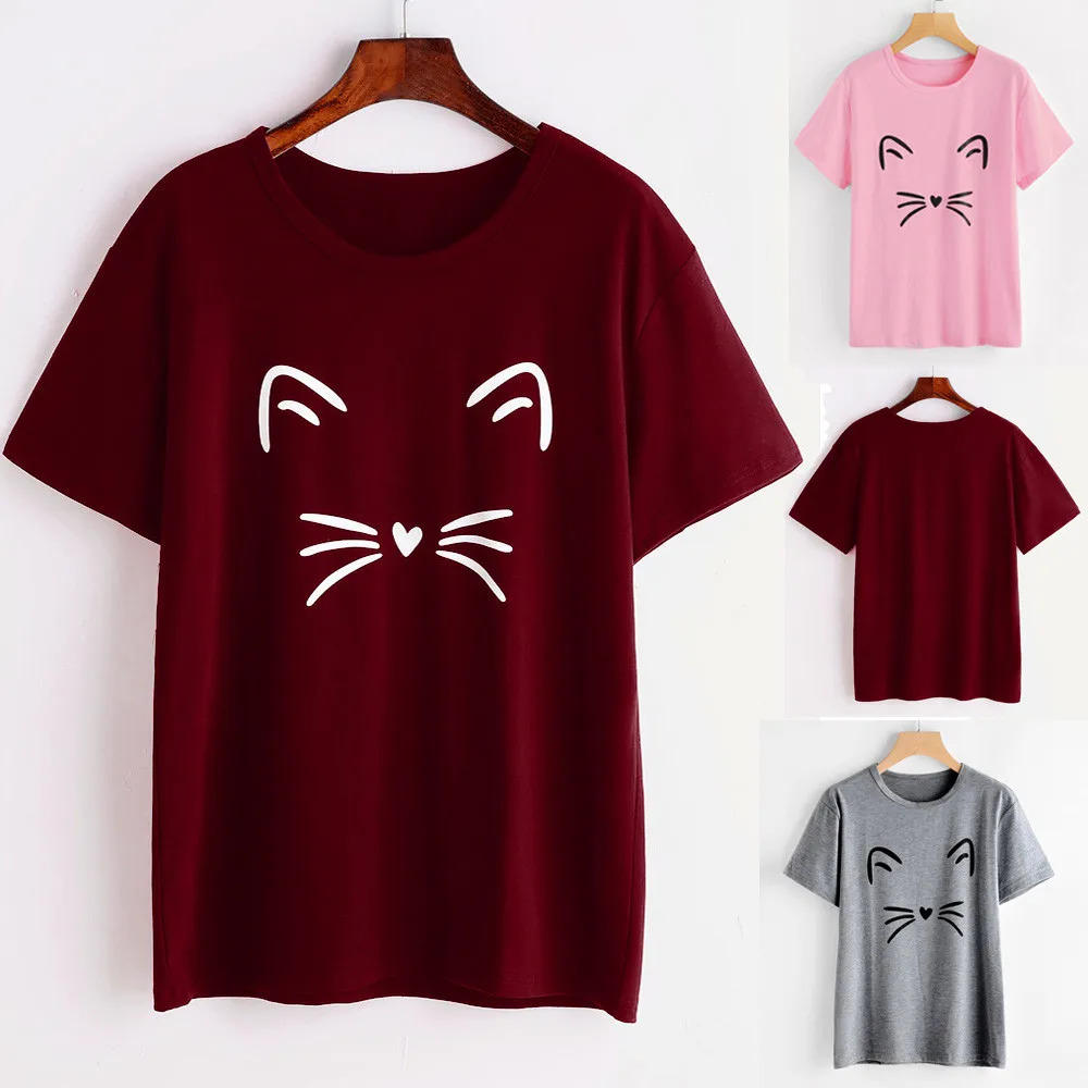 

Summer Women Cat T-Shirts 2019 New O-Neck Short Sleeve Print Loose T-Shirt Cotton Slim Shirts Lady Female Funny Tops Tees @C
