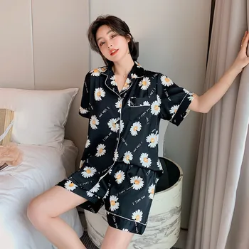 

Black Flower Print LOVERS Pajamas Set Summer Satin Couple 2PCS Sleepwear Nightwear Short Sleeve Shirt&Shorts Casual Home Clothes