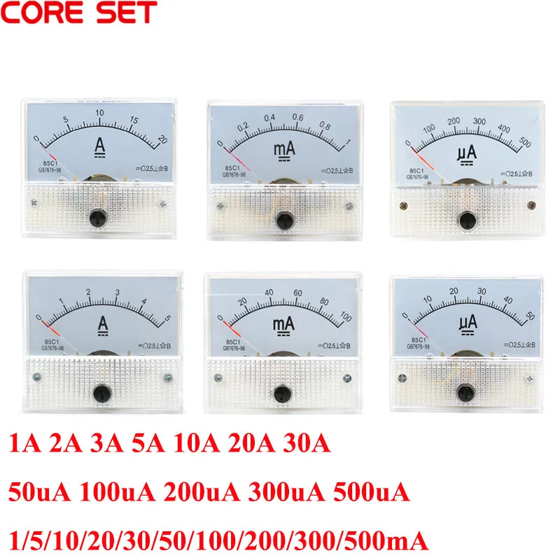 

85C1 DC Analog Current Meter Panel 1A 3A 5A 10A 30A 10mA 50mA 100mA 500mA 50uA 100uA 200uA 500uA AMP Gauge Current Ammeters