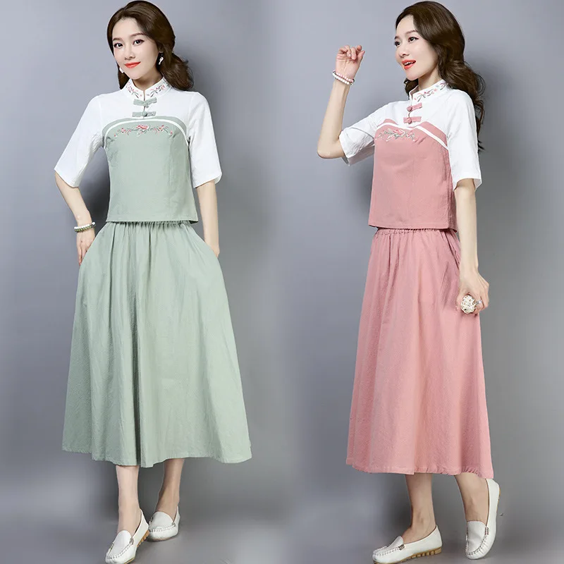 

2019 Summer Ethnic-Style Cotton Linen WOMEN'S Dress Literature And Art Retro Stand Collar Embroider Jacket Skirt Set