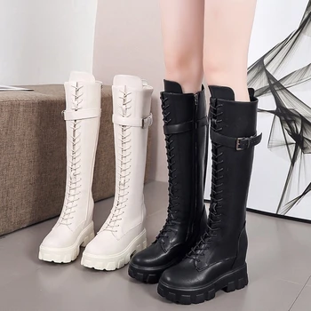

2020 Winter Women Platform Boots Brand Mid Calf Boots Fashion Women's Chunky Gladiator Boots Leather 9cm High Wedge Shoes Woman