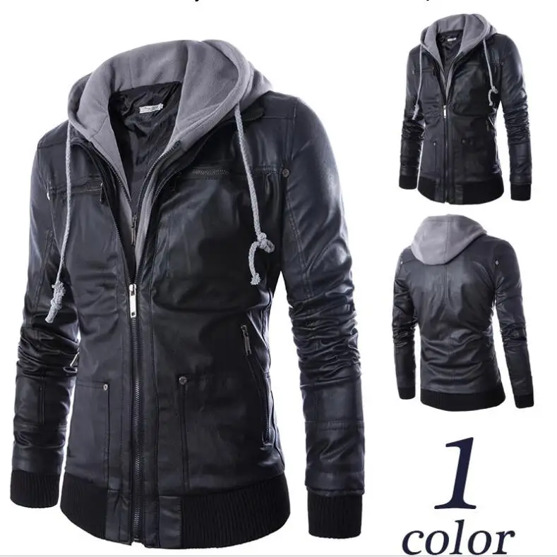 Мужская кожаная куртка, Теплая мужская зимняя повседневная кожаная куртка на молнии, украшенная модной кепкой, утолщенная куртка из искусственной кожи