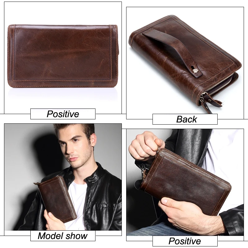 Men Wallet Genuine Leather Purse Double Zipper Male Wallet Men's Handbags Business Long Phone Wallet Man's Clutch Bags