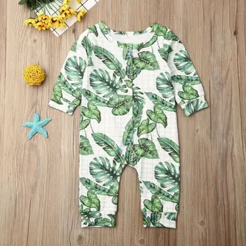 

0-24months Newborn Clothes 2019 Banana Leaf Print Baby Girls Rompers Spring Autumn Green One Piece Jumpsuits Baby Boys Rompers