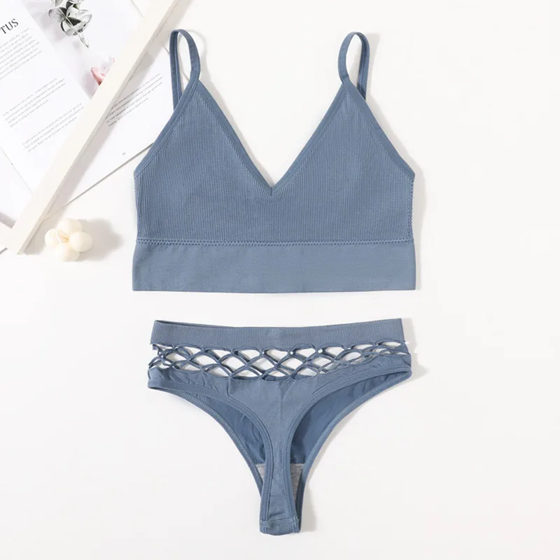 plus size bra and panty sets Women Seamless Bra Set U Back Bra Crop Top Lingerie Set Wirefree Sexy Underwear Rib Fitness Top Hollow Low Rise Cotton Thongs lace bra and panty sets