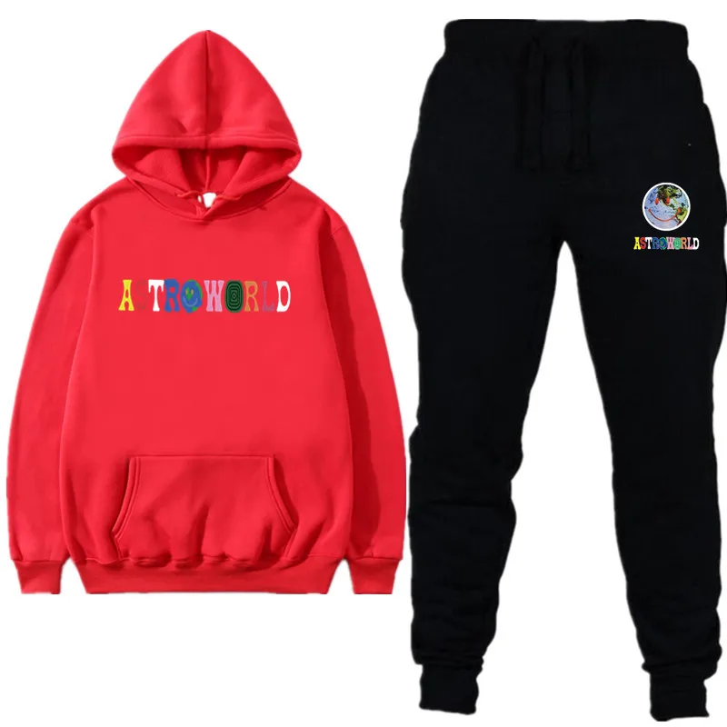 9red black ASTROWORLD/Новинка, брендовый спортивный костюм, модные мужские спортивные толстовки, комплекты из двух предметов, флисовая плотная Толстовка+ штаны спортивный костюм для мужчин - Цвет: 9red black