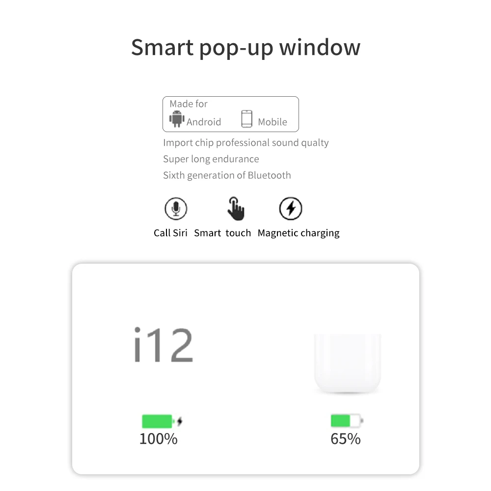 Bluetooth наушники inpods i12 наушники-вкладыши TWS с Беспроводной зарядный Чехол