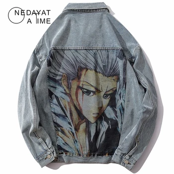 

Cartoon character Printed Denim Jacket Men's Hip Hop Patchwork Jeans Coat Streetwear Casual Ripped Distressed Jeans Outwear Men