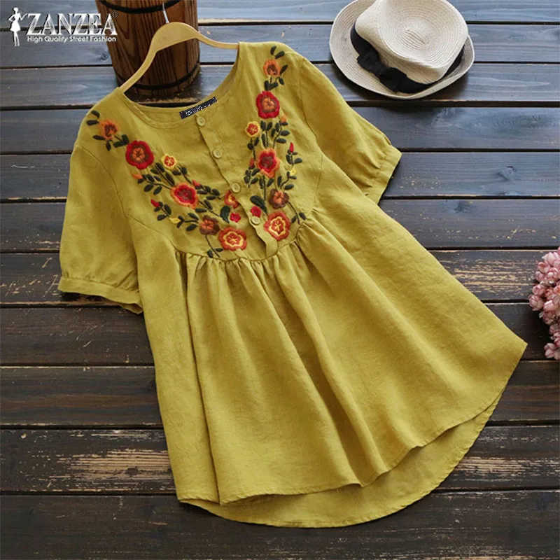  Women's Embroidery Blouse 2019 ZANZEA Kaftan Linen Tops Button Floral Blusas Female Short Sleeve Sh