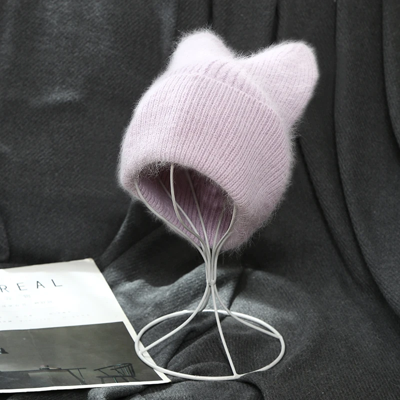 VISROVER 17 Colorway Unisex Solid Cat Shape Rabbit Fur Woman Winter Hat Soft Autumn Bonnet Cute Cat Ear Woman Warm Skullies Gift 
