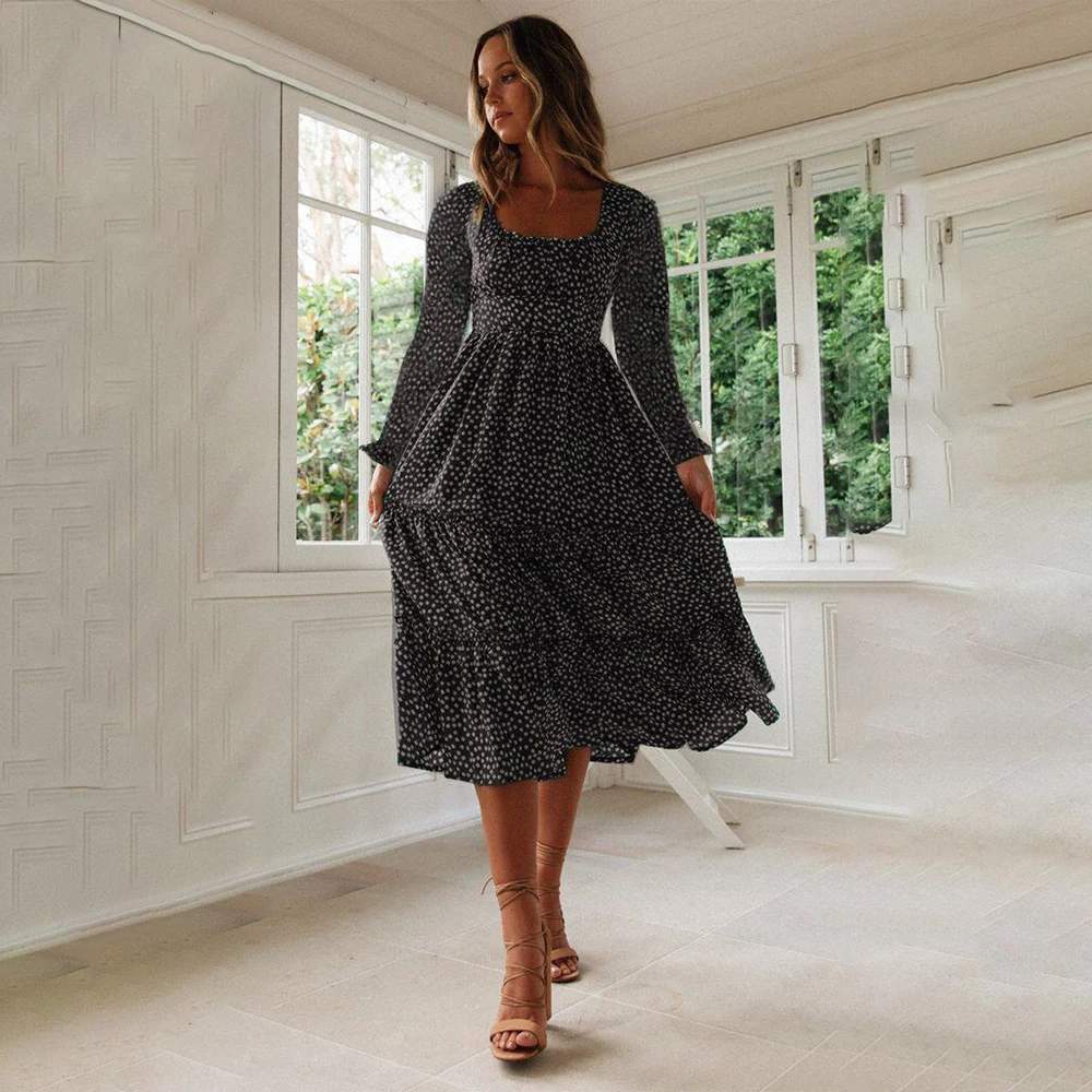 Women's Dress Fashion Women Polka Dot Print Bohemia Long Maxi Ruffles Sleeve Evening Party Summer Beach Sundress Q30 | Женская