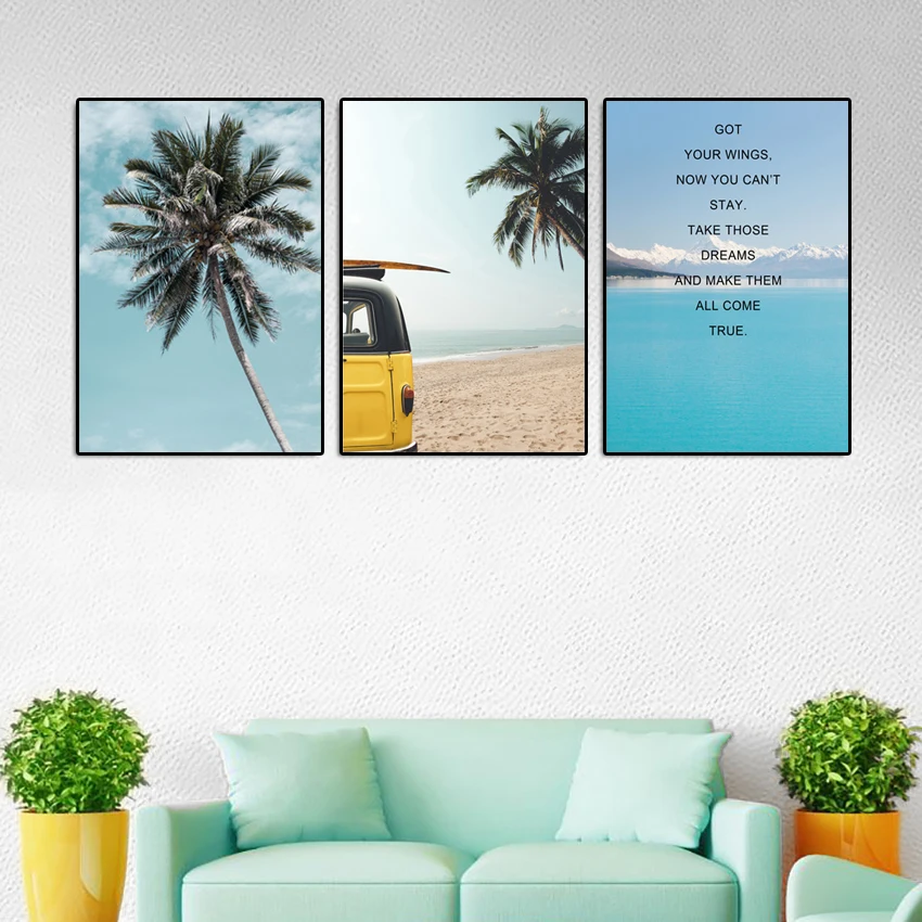 Beautiful-Natural-Scenery-Canvas-Painting-Palm-Tree-Sea-Beach-Yellow-Car-Posters-And-Prints-Wall-Pictures