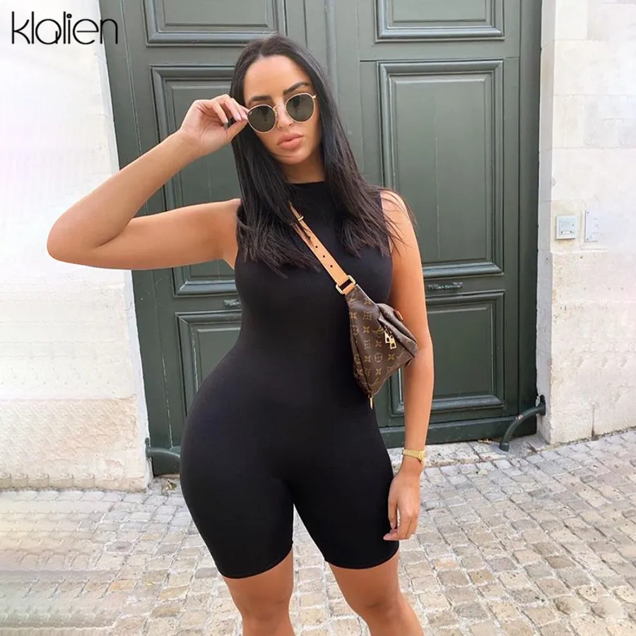 

KLALIEN summer 2020 new playsuit women elastic hight casual fitness sporty rompers sleeveless zipper activewear skinny outfit