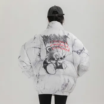 

Original Street Fashion Men's Floral Hand-painted Printing Women's Couple Quilted Jacket Windproof Cotton Coat