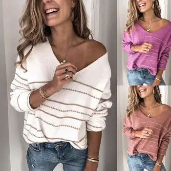 

Fashion Casual Women Autumn Striped Long Sleeve V Neck Loose Pullover Knitted Sweater