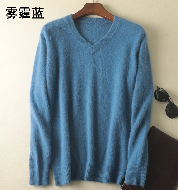 Classic Men\'s 100% Mink Cashmere Sweaters 2020 Solid Color V-Neck Casual Knitted Pullovers Winter Men Long Sleeve Warm Jumper