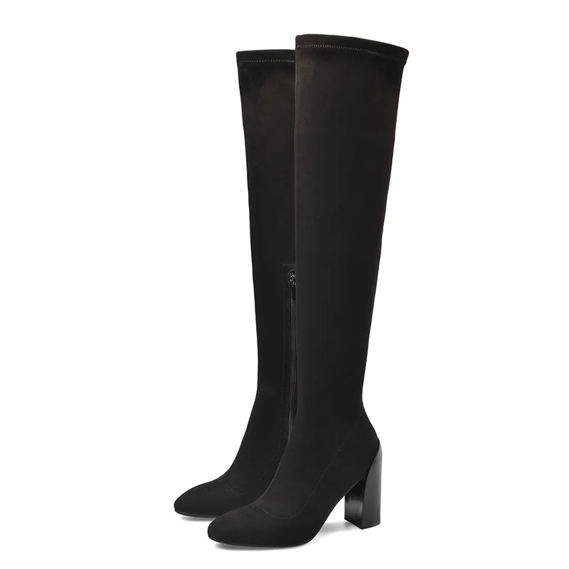 Новые женские сапоги выше колена из флока пикантные осенние женские сапоги на высоком каблуке со шнуровкой зимние женские сапоги размеры 34-43 - Цвет: Black Fur Lining