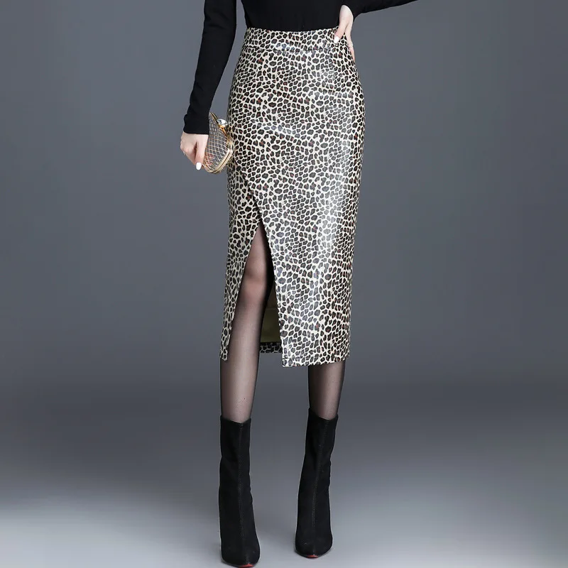 Women High Waist Slim Casual Long Leopard Leather Skirt Female Autumn Winter Fashion Slit Plus Size Skinny PU Leather Skirts