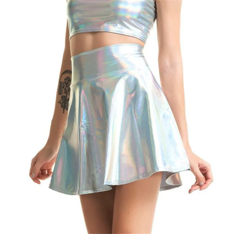PU-Shiny-Metallic-Color-Sexy-Bodycon-Mini-Skirts-Women-High-Waist-A-line-Flare-Skirt-New