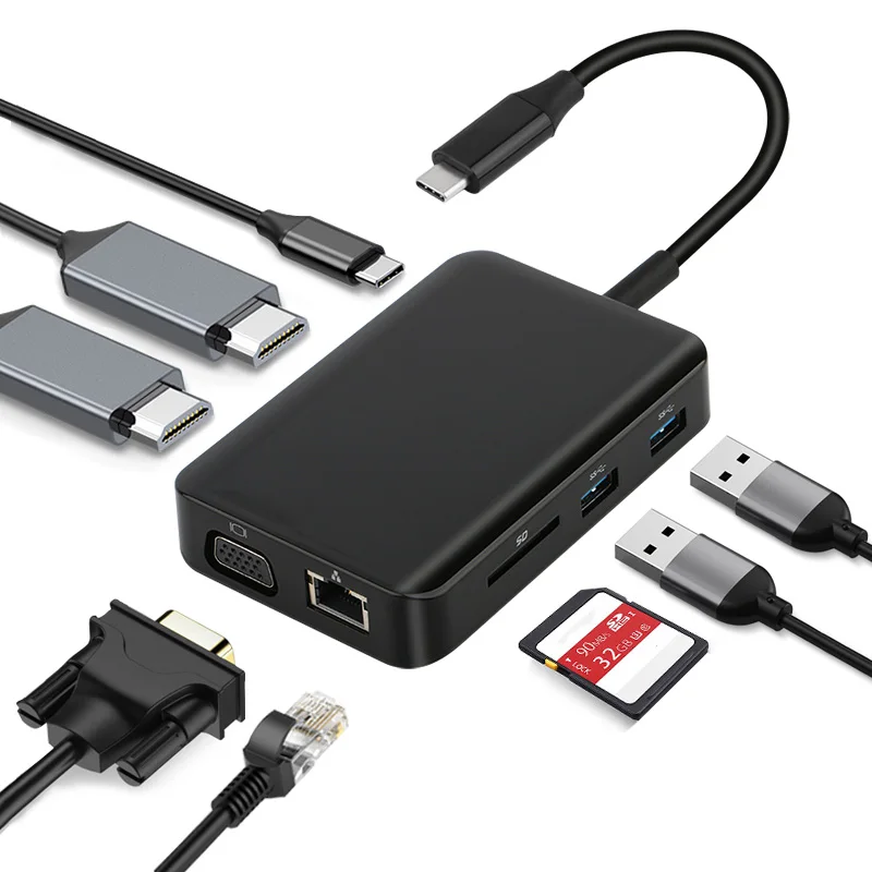 9 в 1 Многофункциональный USB C концентратор для HDTV Micro SD/TF VGA DC 3,5 аудио 9 портов кардридер адаптер для Macbook huawei P20 Pro